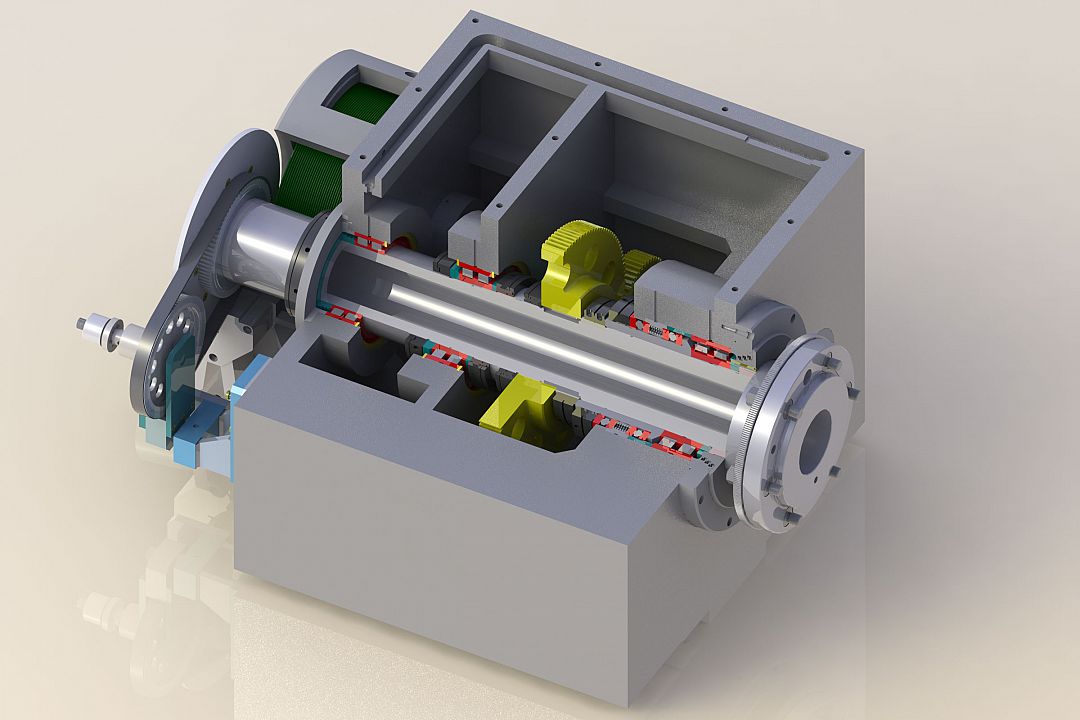 Solid headstock housing with fixed toothed wheel gear running in oil bath. Thermal separation between bearing and automatically switching gearbox Main spindle mounted on bearings in 3 positions. Different bores as an option.